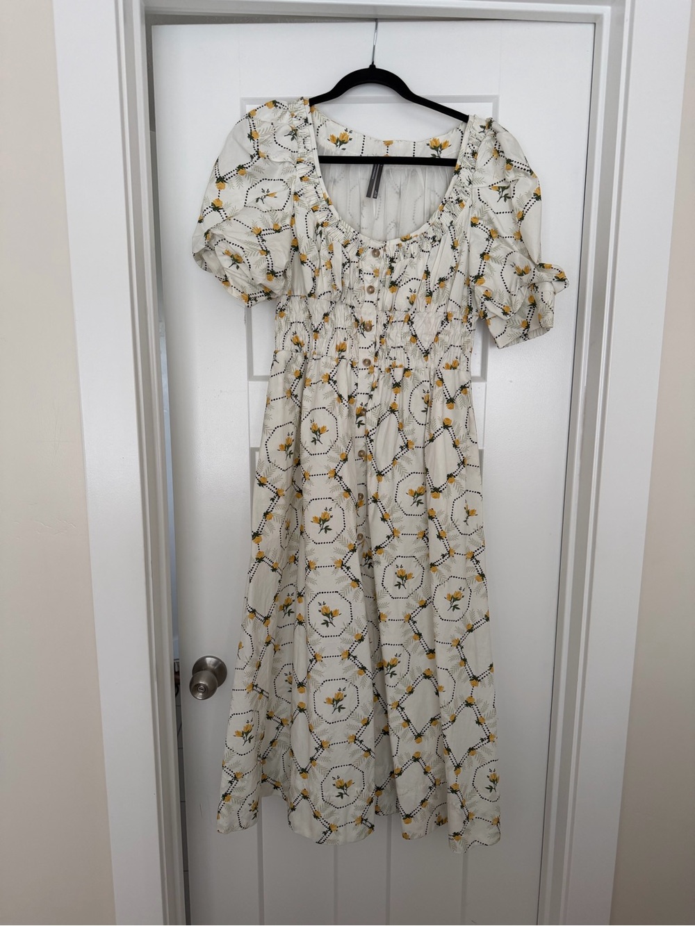 Anthro Yellow Floral Midi Dress with Puff Sleeves